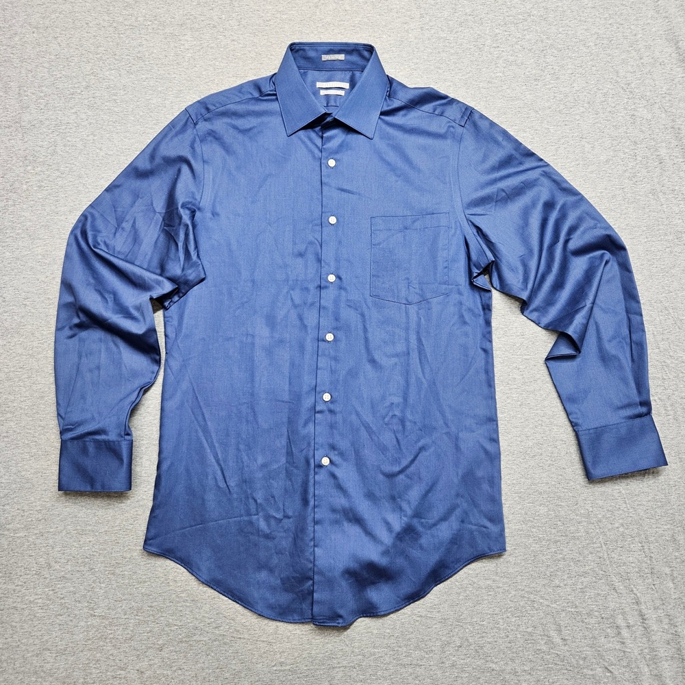 Van Heusen Mens Lux Sateen Athletic Fit Dress Shirt Blue No Iron 15 32/33